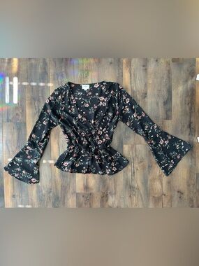 Everly Black Floral Surplice Peplum Top Bell Sleeve Cottagecore Boho